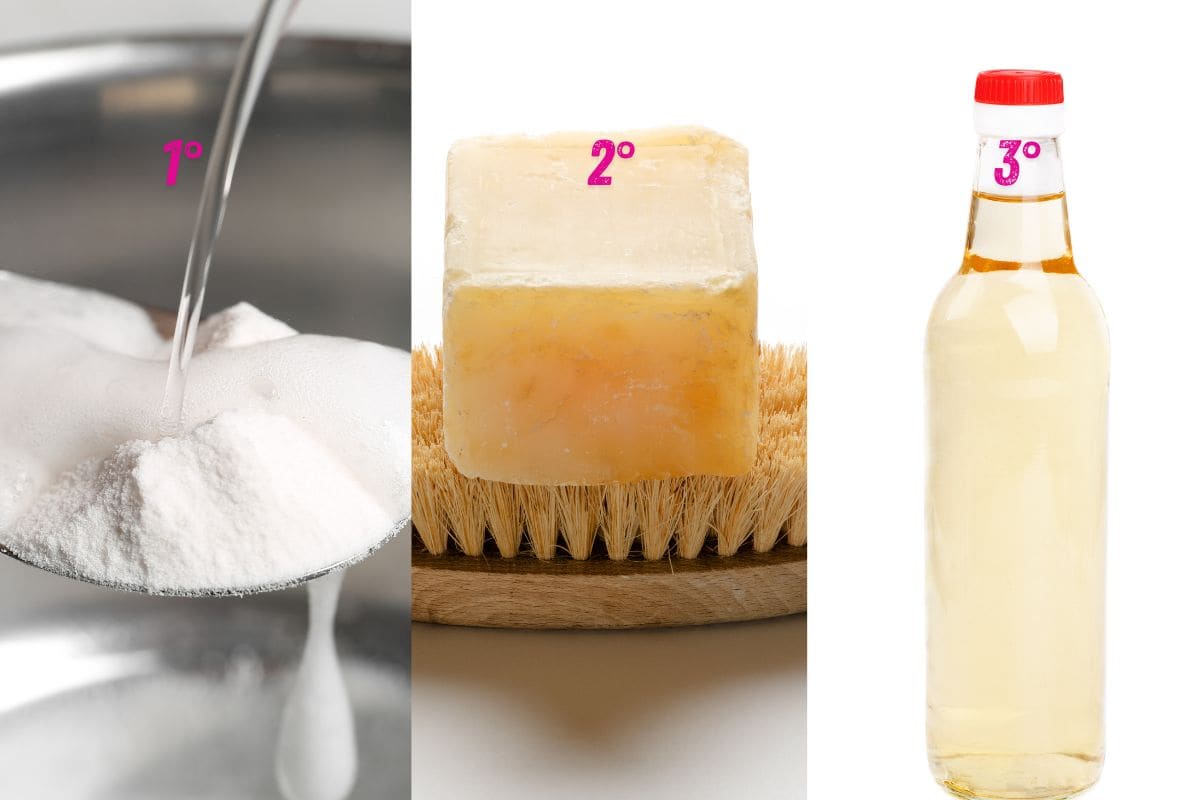 bicarbonato, sapone marsiglia, aceto bianco di alcol