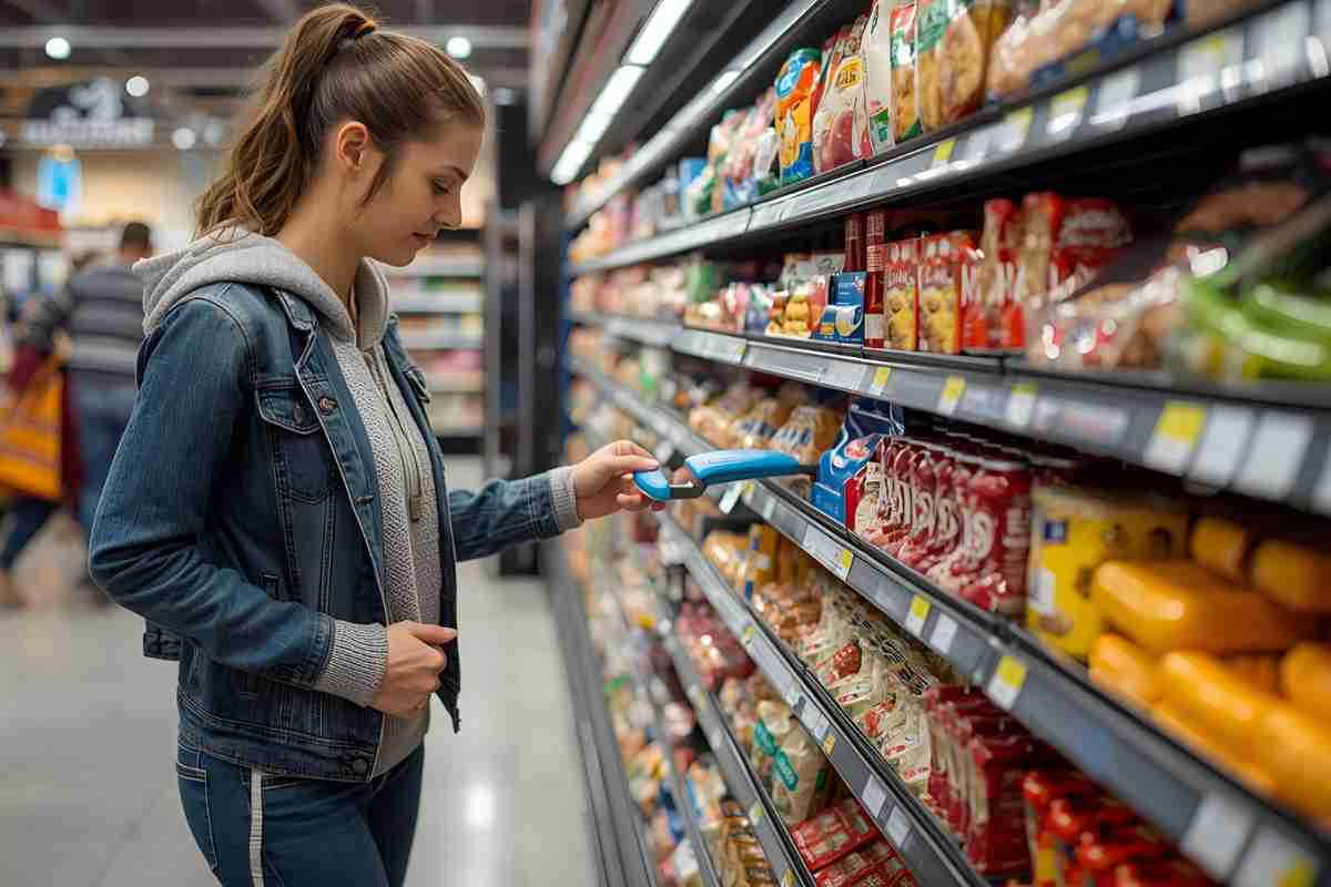 donna tra gli scaffali del supermercato