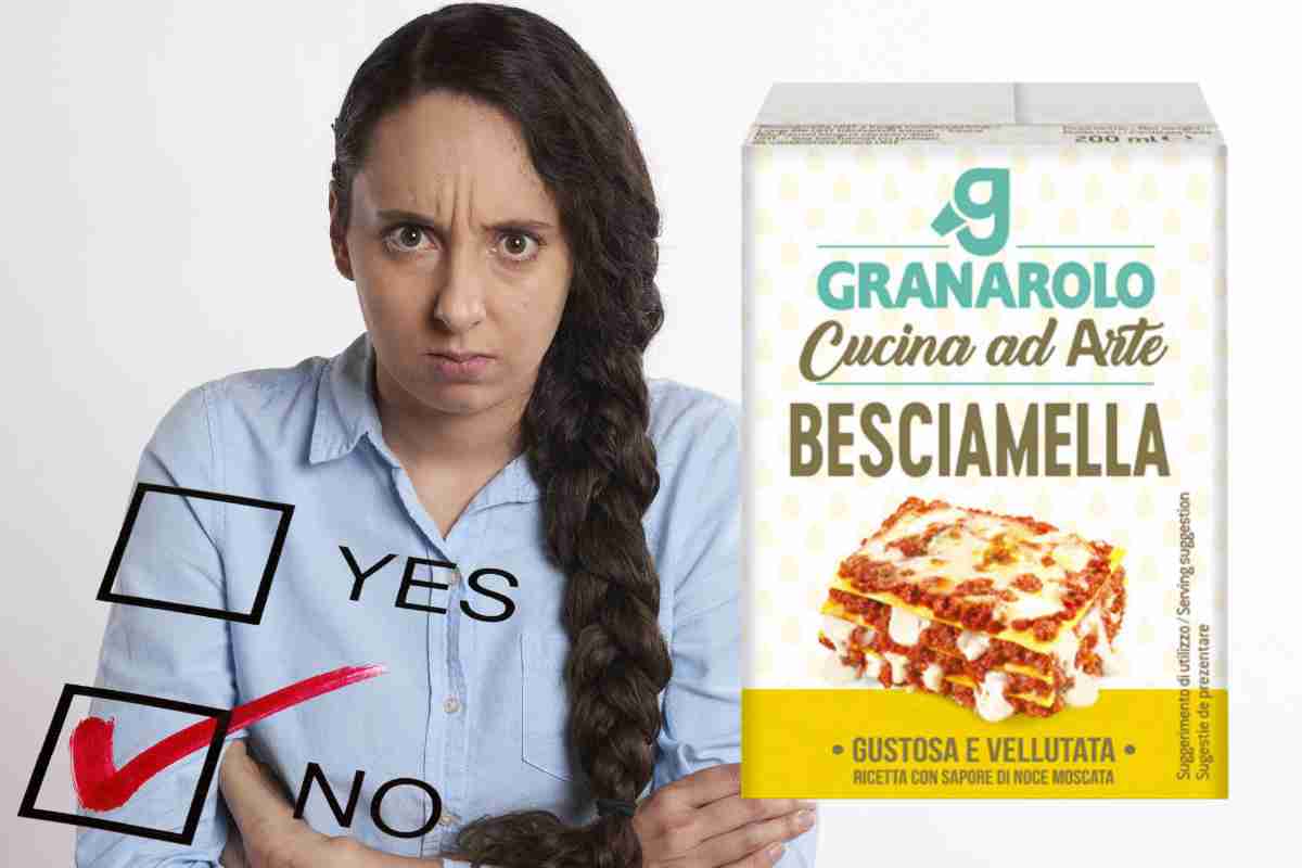 donna arrabbiata e una confezione di besciamella granarolo