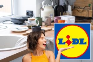 cucina in disordine con donna che indica logo lidl