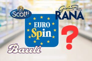 sfondo corsia supermercato con logo eurospin, giovanni rana, bauli e riso scotti
