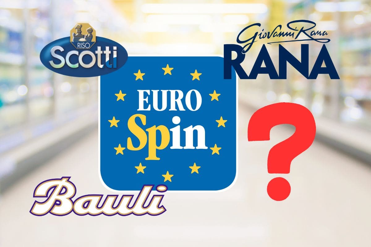 sfondo corsia supermercato con logo eurospin, giovanni rana, bauli e riso scotti