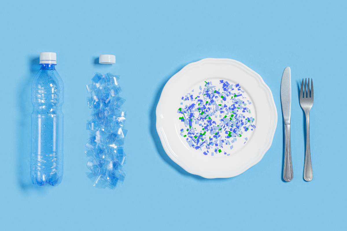microplastiche in un piatto, posate, bottiglie di plastica