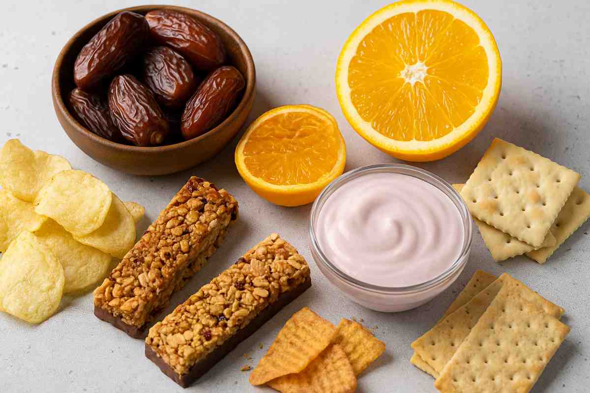 barrette patatine frutta secca yogurt arancia crackers