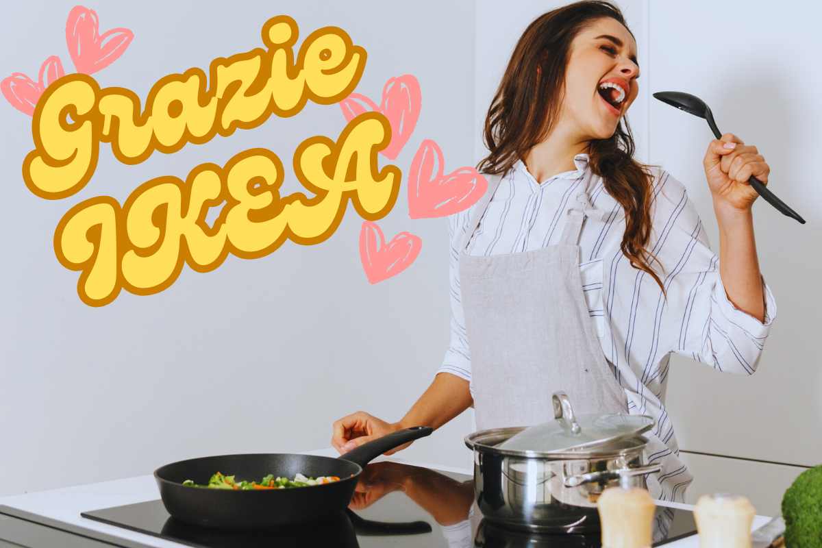 donna cucina e canta con un mestolo scritta grazie ikea e cuori rosa