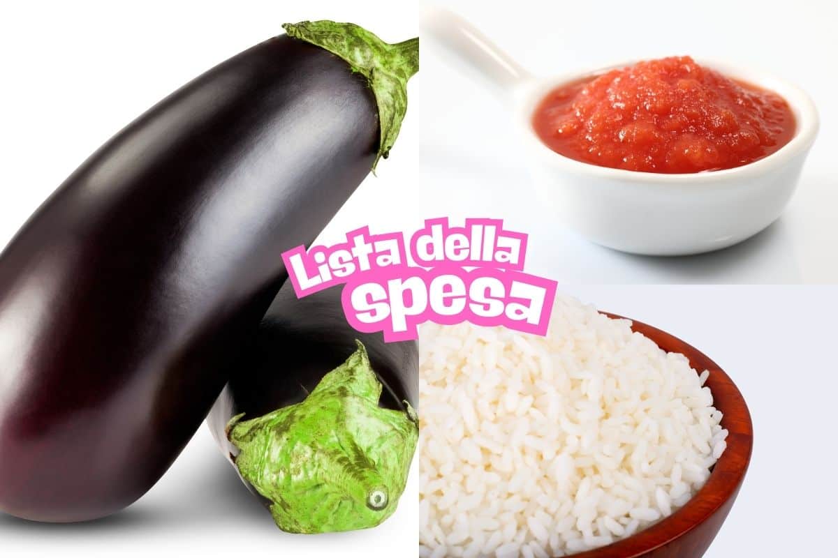 melanzane, passata pomodoro, riso e scritta lista della spesa
