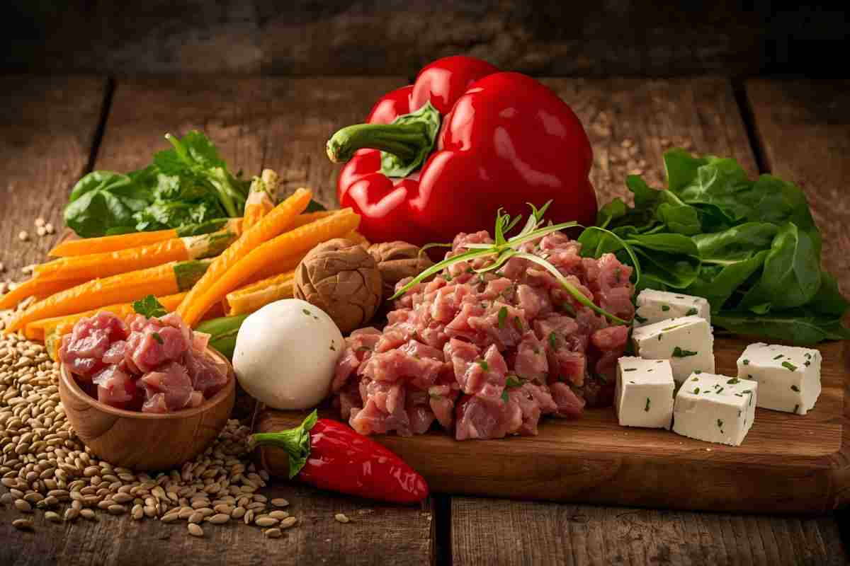 ingredienti per fare il farro con peperoni, tonno e feta